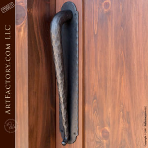 custom wood speakeasy door with hand hammered iron door pull