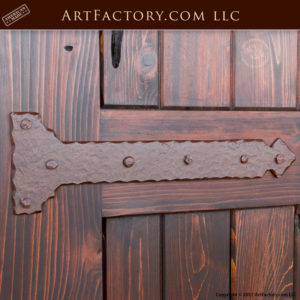 arched wooden garden gate with medieval style custom iron strap hinge