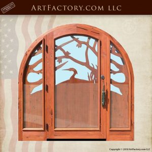 heron hand carved front door with custom cattail door pull